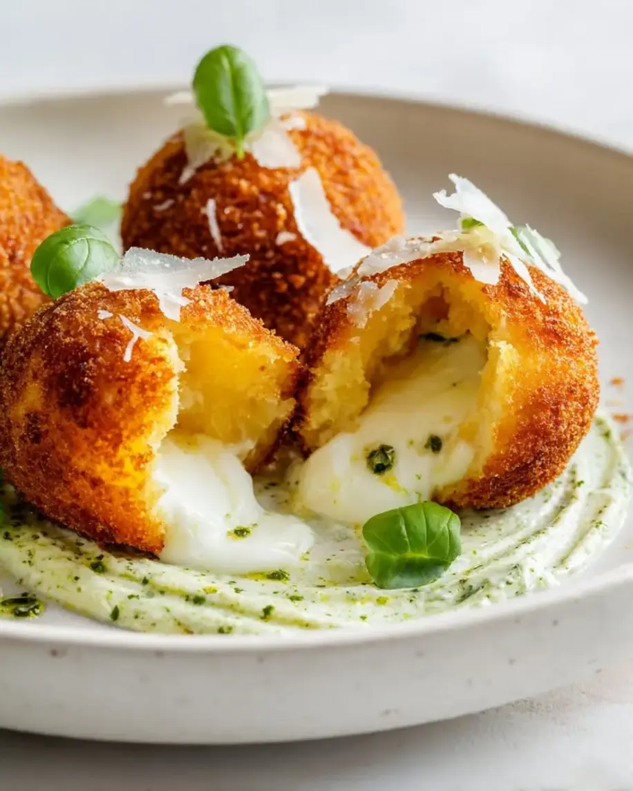 Crispy Burrata Arancini on a Flavorful Pesto Cloud