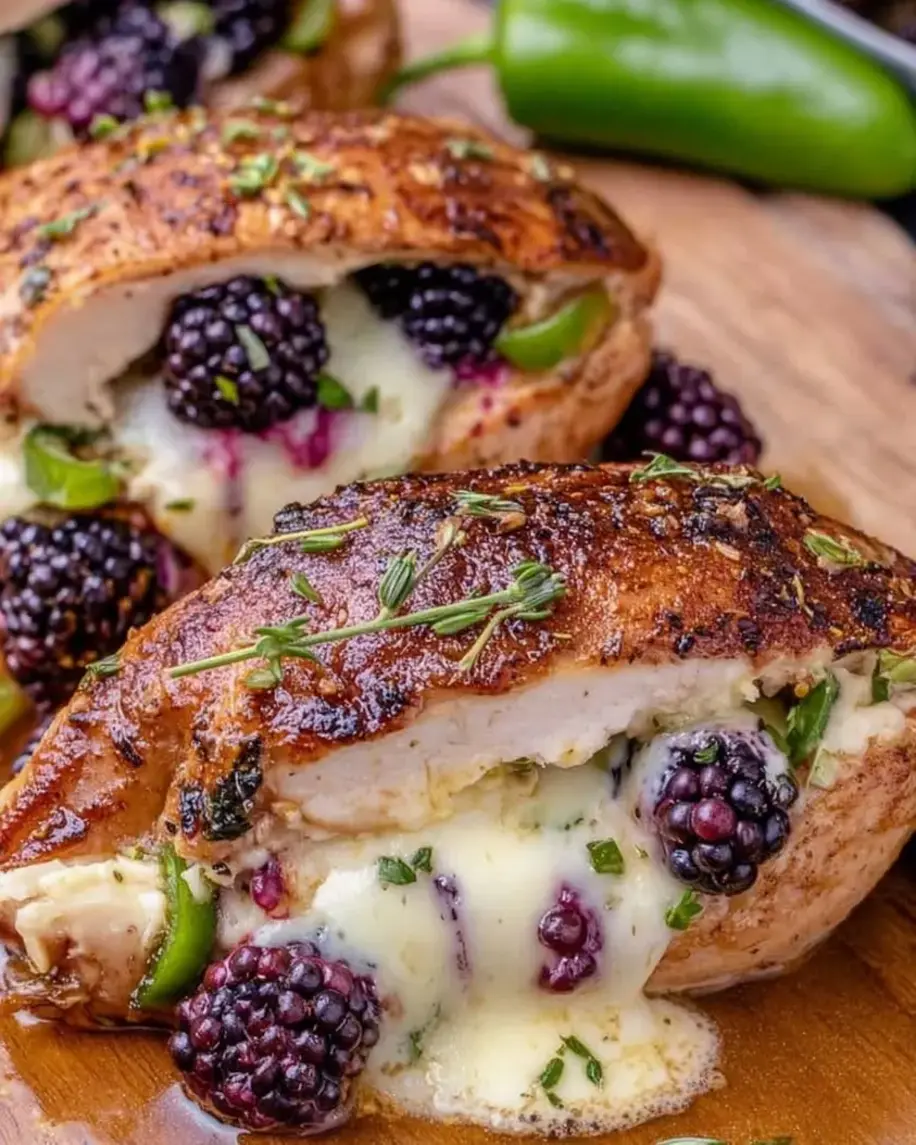 A close-up of blackberry jalapeño stuffed chicken.