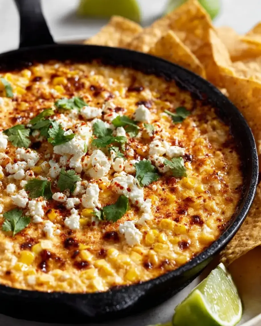 Creamy Swicy Corn and Feta Dip bubbling in a dish with chips on the side.