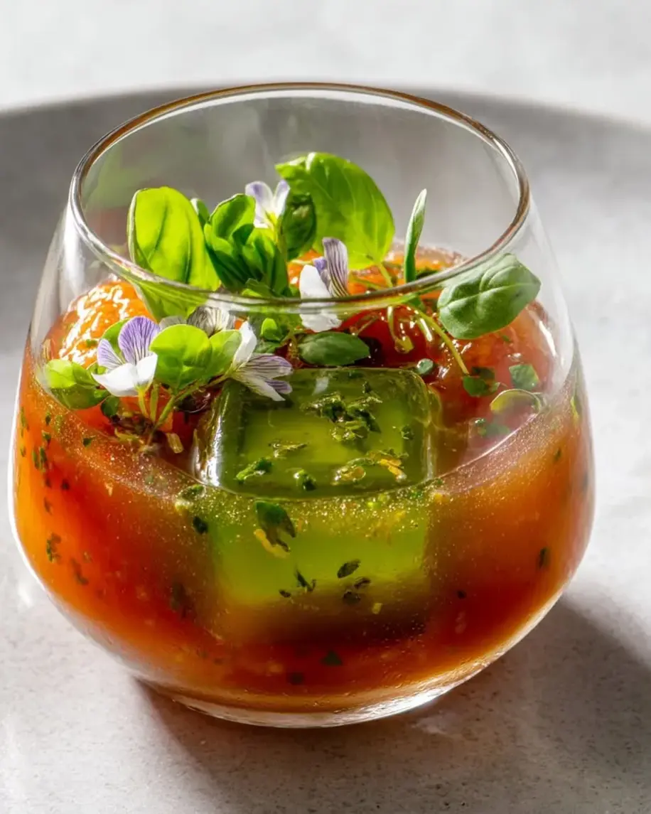 Refreshing Chilled Tomato Broth with Basil Oil Cubes being served in bowls with basil oil cubes melting.