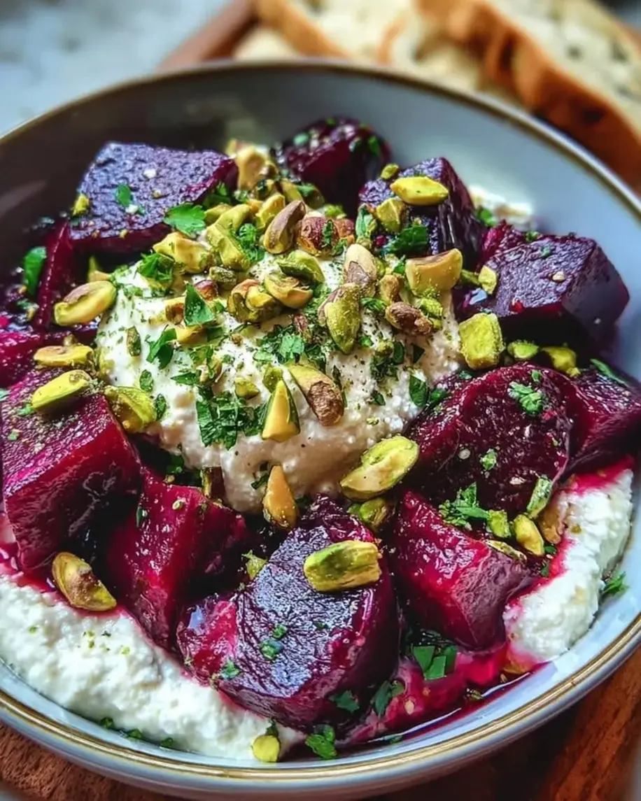 Whipped feta dip with roasted beets and pistachios as a festive appetizer.