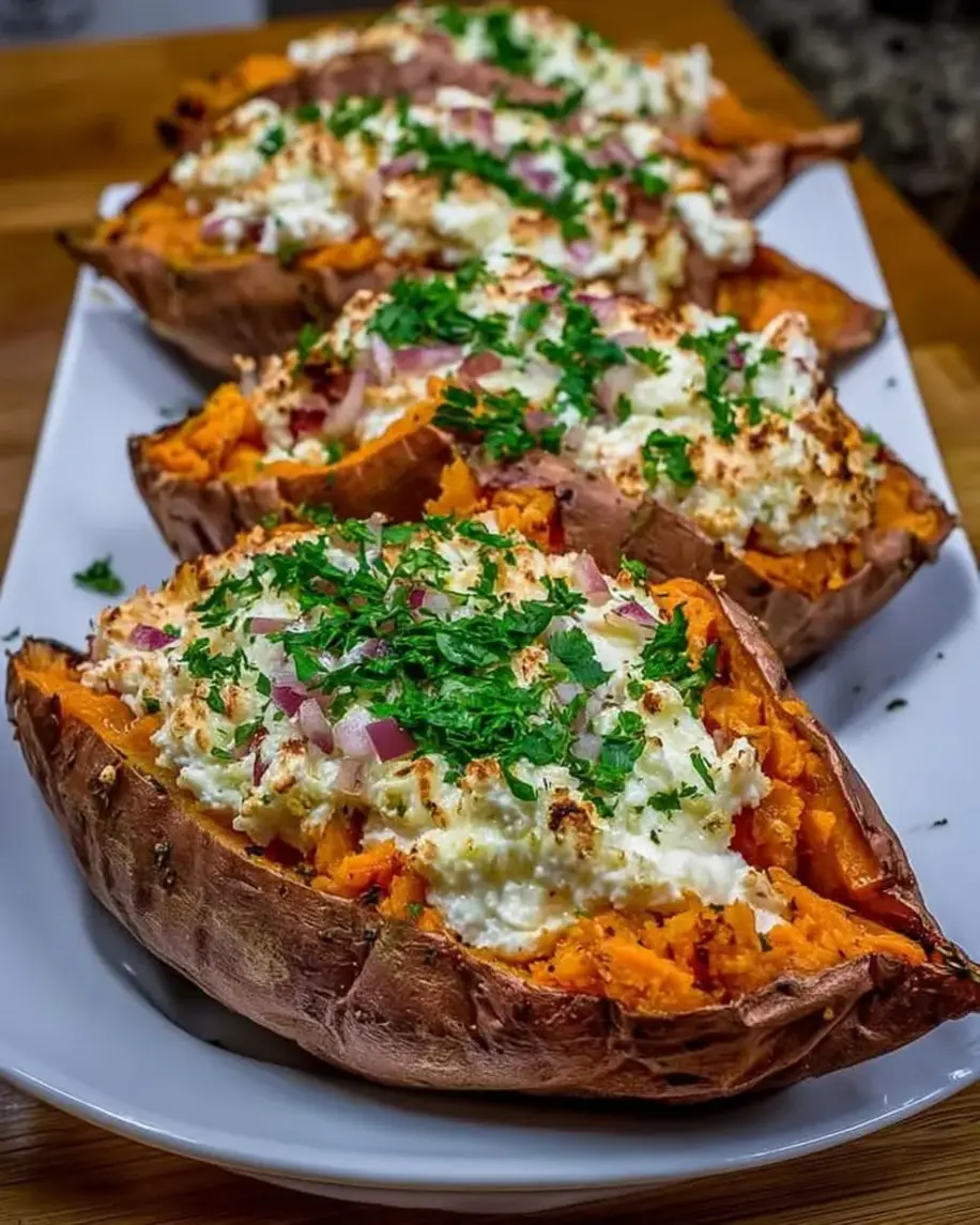 Twice-baked sweet potatoes with creamy ricotta filling served in their skins, topped with chives.