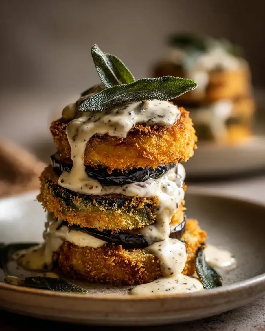 Crispy Eggplant Burrata Towers with Truffle Mushroom Cream garnished with parsley.