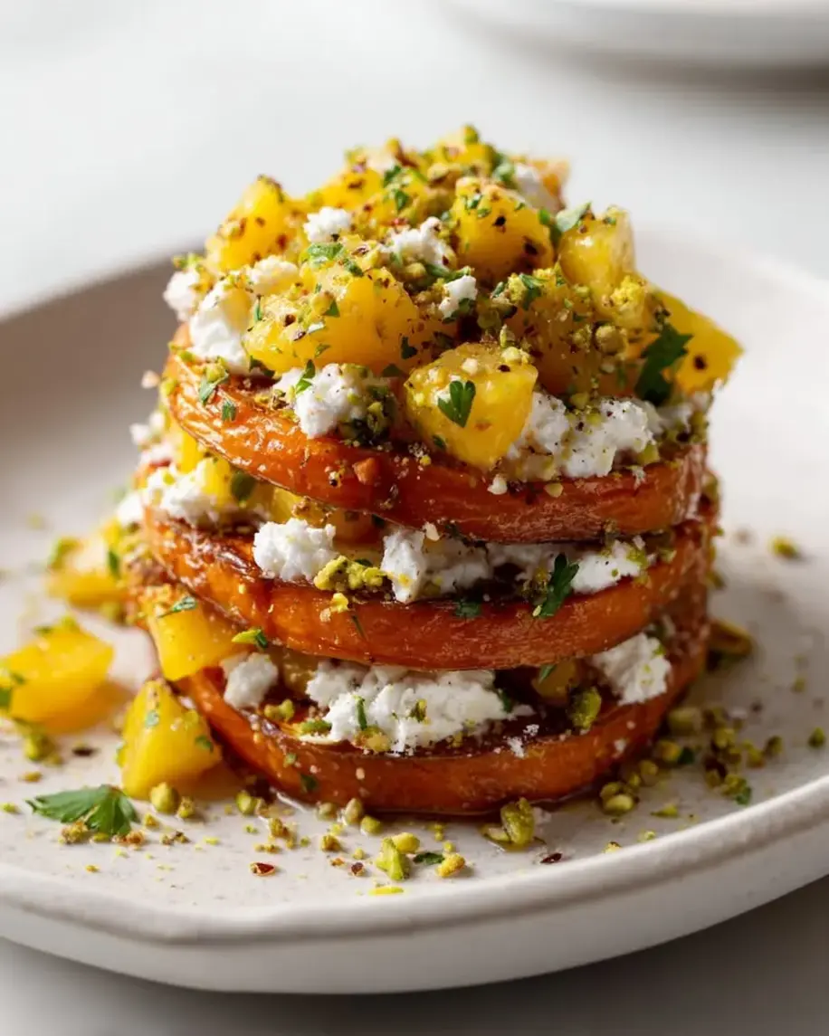 Vibrant stacks of sweet potato and mango layered with red onion and cilantro.