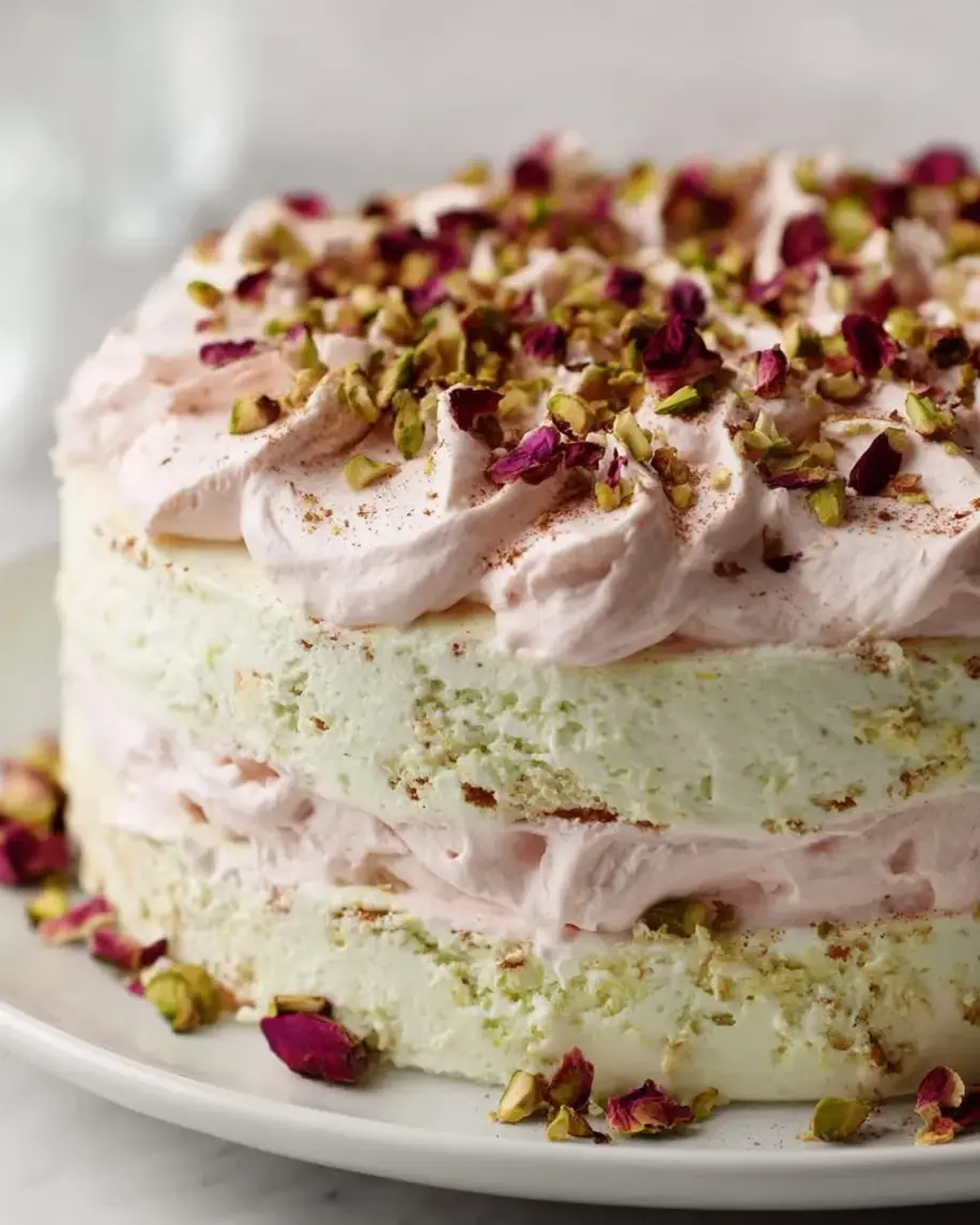 Dreamy Pistachio Rosewater Cloud Cake slice showing green pistachio layers with creamy rosewater filling.