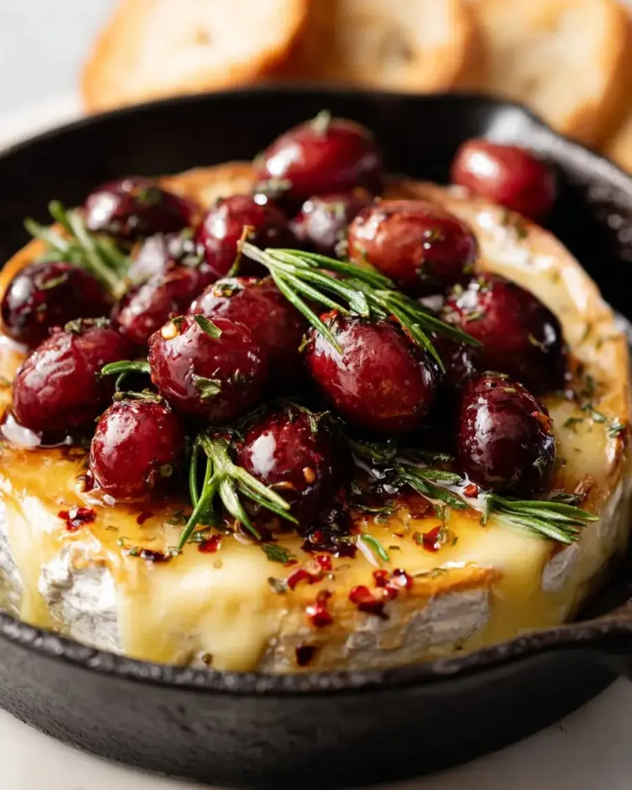 A skillet filled with bubbling baked brie topped with glossy roasted grapes and a drizzle of hot honey, garnished with rosemary.