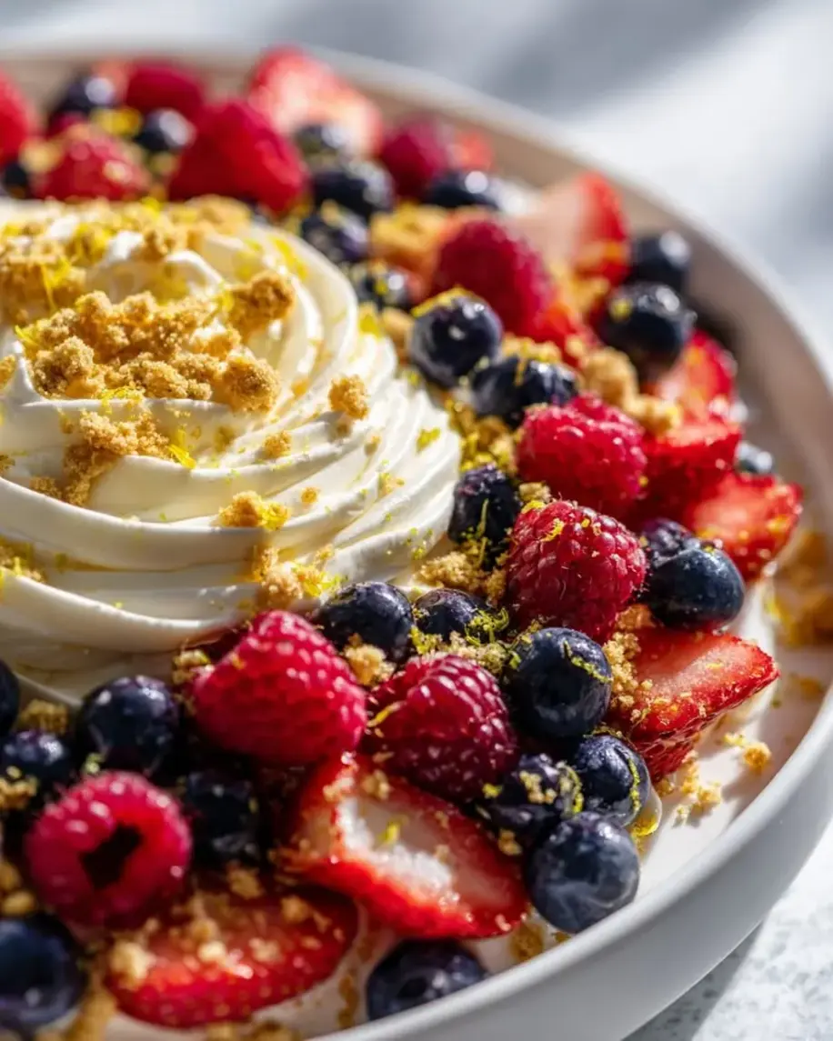 A beautiful mixed berry platter with tart cream and a crumble crust, ready to serve.