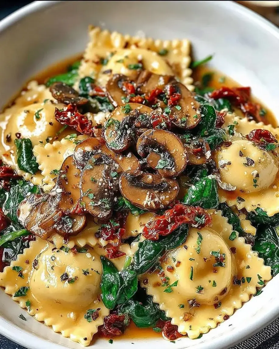 Plate of Irresistible Cheesy Ravioli with Spinach, Mushrooms, and Sun-Dried Tomatoes
