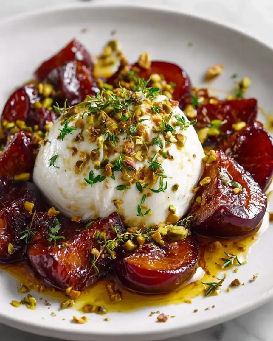 Burrata with roasted plums and herbs on a white plate.